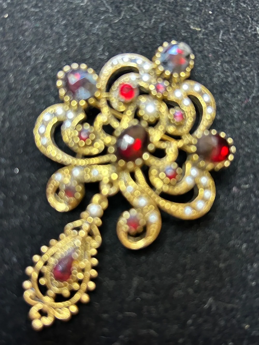 Gold-Tone Red Cabochon Filigree Pendant Brooch - Unbranded